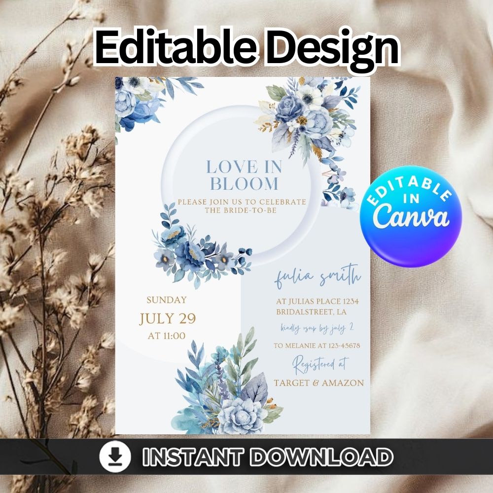 Love In Bloom Bridal Shower Invitation | Blue Floral Bride To Be Invite | Editable Canva Template | Elegant Bridal Party Digital Download