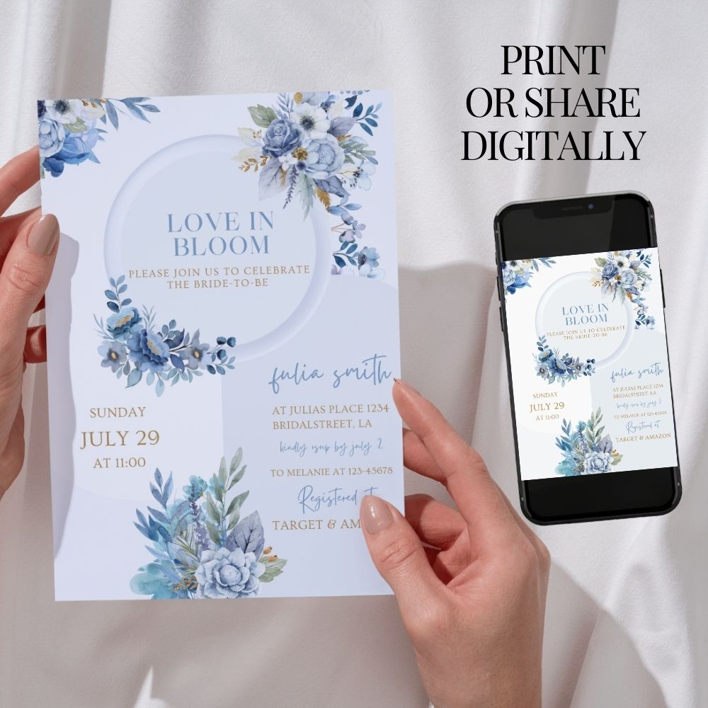 Love In Bloom Bridal Shower Invitation | Blue Floral Bride To Be Invite | Editable Canva Template | Elegant Bridal Party Digital Download - Image 4